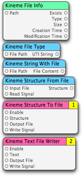 File Tools --- Kineme File Info, Kineme File Type, Kineme String With File, Kineme Structure From File, Kineme Structure To File, Kineme Text File Writer